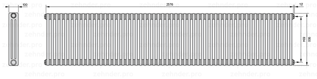 Схема (чертеж) Радиатор Zehnder Charleston 3090/56 №7610 Белый глянцевый RAL 9016